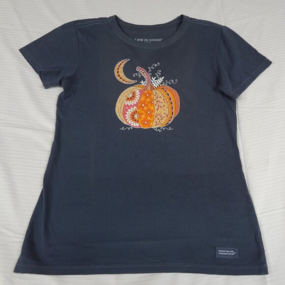 LIFE IS GOOD HARVEST PUNPKIN MOON BLUE XS X-SMALL WOMENS T-SHIRT L184 - Picture 1 of 6